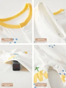 Detailed views of cotton baby romper showing seamless stitching and yellow snap buttons