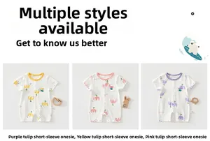 Detailed view of baby cotton rompers with yellow, pink, and purple tulip cartoon prints