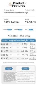 Size chart for baby short-sleeved cotton romper with specific age and weight measurements