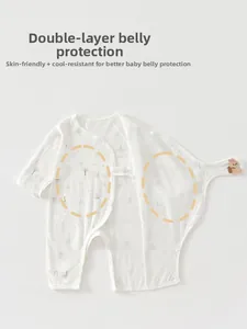 Detail of baby romper featuring double-layer belly protection and cute rabbit prints