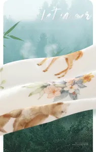 Detail of soft bamboo cotton gauze baby romper fabric with cute deer and flower print