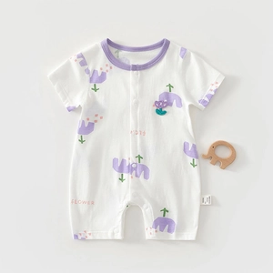 Short sleeve cotton baby romper with purple elephant print and floral detail