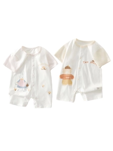 Barboteuses bébé en coton à manches courtes avec motifs lapin et ours en rose et beige
