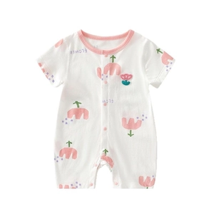 Short sleeve baby bodysuit with pink tulip floral print and flower text on white cotton