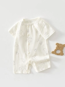 Grenouillère en Coton à Manches Courtes pour Bébé Été Imprimé Ours Lapin Dessin Animé Combinaison Respirante Pyjama Fin