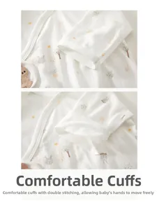 Detail of baby onesie sleeve with rabbit print and durable double-stitched cotton cuffs