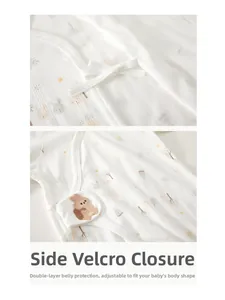 Detail of baby cotton romper featuring side-tie closure and adjustable velcro strap