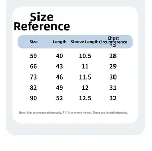 Detailed size chart for baby bamboo cotton gauze romper showing length and chest measurements