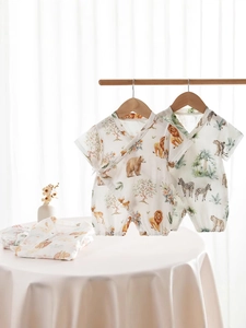 Newborn Baby Summer Bamboo Cotton Gauze Romper Short Sleeve Kimono Style Tie Side Jumpsuit Breathable Animal Print Infant Clothing