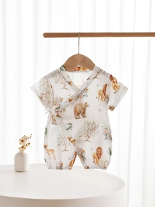 Bamboo cotton baby short sleeve romper with animal print and kimono style tie closure