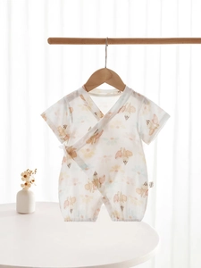 Bamboo cotton gauze baby romper with floral print and breathable short sleeves for summer