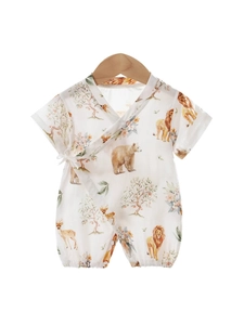 Bamboo cotton gauze baby romper with forest animal print for summer comfort