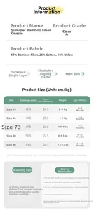 Size chart and fabric details for summer baby cotton bodysuit with bamboo fiber