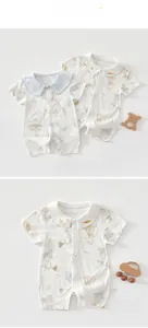 Detailed macro shot of breathable cotton baby bodysuits with cute animal prints and soft texture