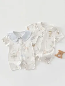 Newborn Baby Summer Short Sleeve Romper Bamboo Cotton Breathable Seamless Jumpsuit Cartoon Animal Printed Pajamas For Infants