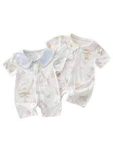 Two-pack of breathable cotton short-sleeved baby rompers with cute cartoon animal prints