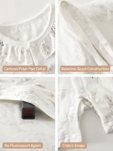 White cotton baby girl romper with floral patterns, ruffled collar and snap buttons