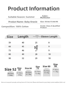Size chart for newborn cotton rompers with measurements and weight guide in centimeters