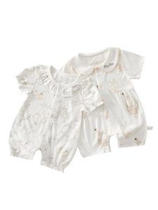 Short sleeve baby girl rompers with floral and rabbit prints in soft cotton gauze