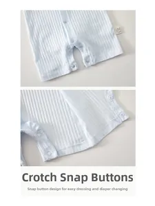 Detail view of crotch snap buttons on soft ribbed cotton baby romper for easy changing