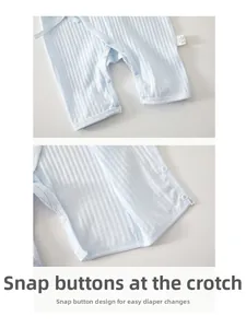 Detailed macro view of the baby bodysuit crotch area featuring secure blue snap buttons