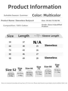 Detailed size guide table for sleeveless baby cotton bodysuit including height and weight chart