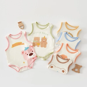 Detail of assorted sleeveless cotton baby bodysuits with cute animal prints and snap buttons