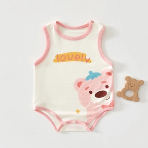 Detail of baby bodysuit featuring pink trims, cute cartoon bear, and snap buttons