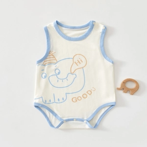 Close-up of baby bodysuit snap button closure and cute blue elephant print on cotton
