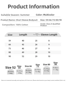 Detailed size chart for baby short sleeve cotton bodysuit with height and weight guide