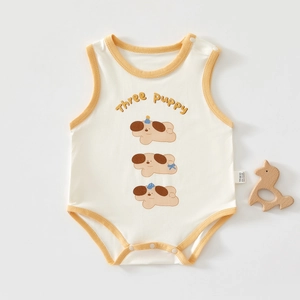Detail of baby cotton sleeveless bodysuit with dog print and snap closure buttons