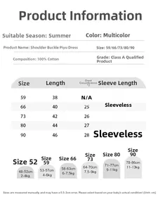 Detailed size chart for summer cotton baby rompers showing measurements from 59 to 90