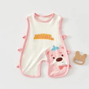 Detail of pink and white baby bodysuit featuring a lovely cartoon bear and side ties