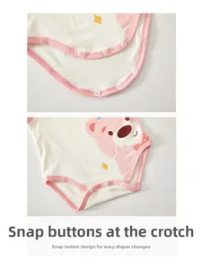 Detail of snap button crotch on a cotton baby bodysuit for easy diaper changes