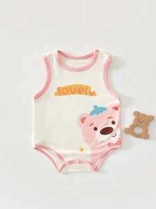 Baby Sleeveless Bodysuits Pure Cotton Breathable Thin Summer Rompers Cartoon Bear Elephant Print Snaps For Newborn Infants Daily Wear