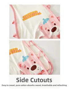 Close-up of cotton baby bodysuit featuring breathable side hollow-out ties and bear print