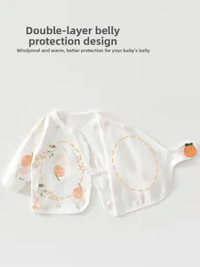 Detail of baby cotton top featuring peach print and double-layer belly protection design