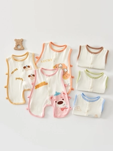 Newborn Baby Sleeveless Cotton Bodysuit Summer Thin Breathable Cartoon Printed Pipayi Romper With Side Tie For Infants