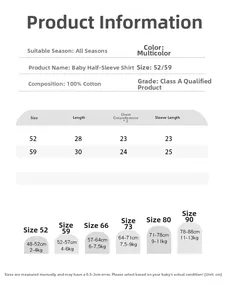 Size chart for newborn cotton wrap shirts with measurements for height and weight
