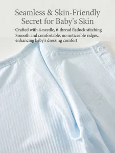 Light blue infant short sleeve bodysuit with flatlock seams and ribbed cotton texture