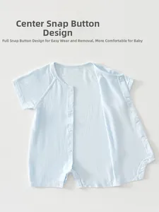 Detailed view of light blue ribbed cotton baby romper with snap button closure