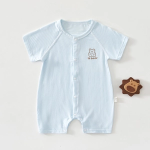 Close-up of light blue ribbed baby romper featuring a cute bear embroidery and snap buttons