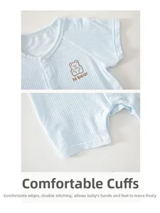 Detail of baby summer romper with double-layer stitching and soft rib-knit cotton fabric