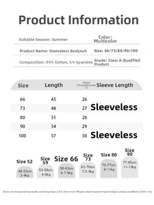 Detailed size chart for baby sleeveless cotton rompers with measurements for 66 to 100