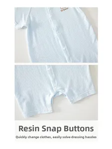 Detail of light blue ribbed baby romper featuring 'hi bear' embroidery and resin snap buttons