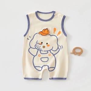 Detail view of cotton sleeveless baby romper featuring a cute cartoon elephant print