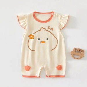 Close-up of baby sleeveless romper with ruffles, snap buttons, and cartoon chick