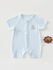 Summer Viscose Ribbed Romper Striped Short Sleeve Jumpsuit Newborn Infants Breathable Bear Embroidery One-Piece Bodysuit