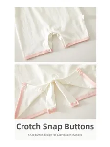 Detailed view of snap button closure on white cotton newborn bodysuit with pink trim