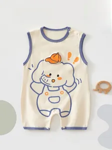 Detail view of cotton baby bodysuit with elephant print and snap button closure